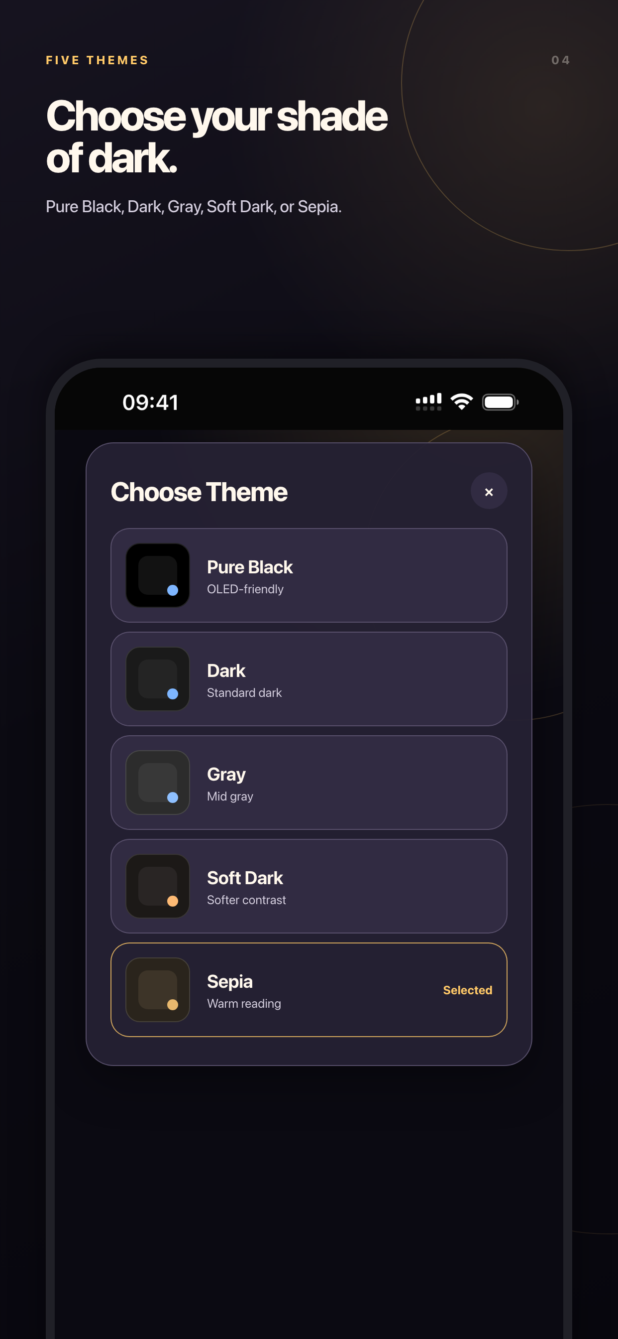 Duskwise iPhone screenshot showing five reading themes