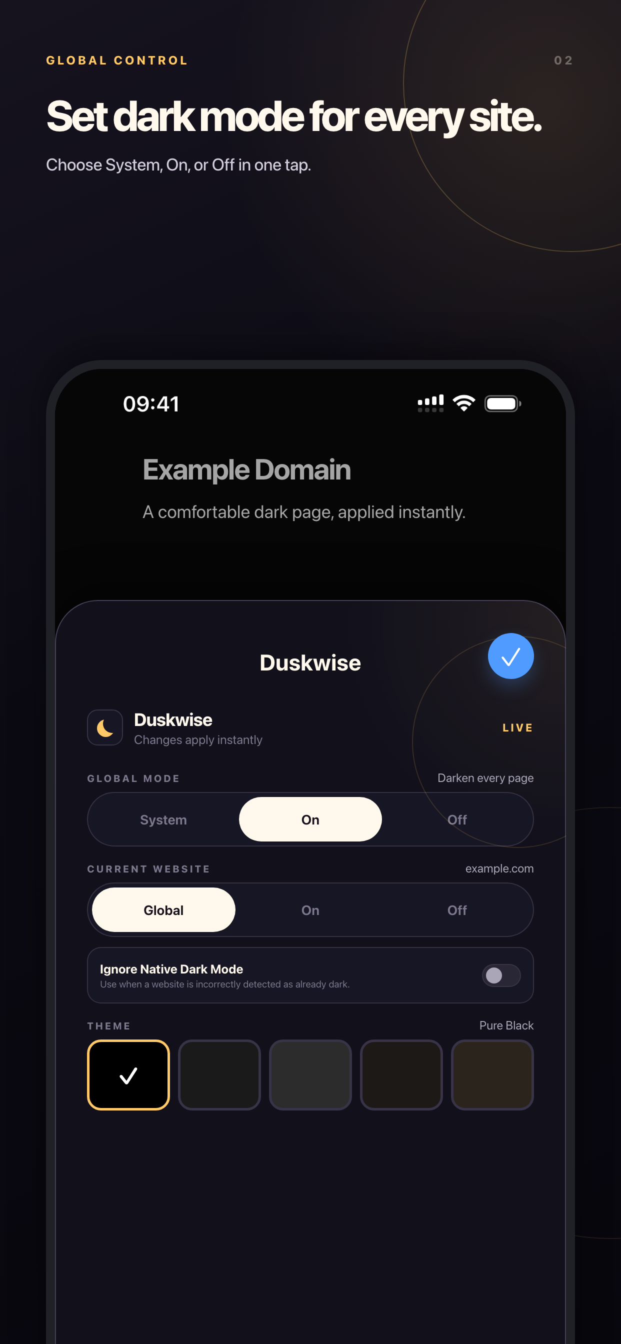 Duskwise iPhone screenshot showing Safari global mode controls