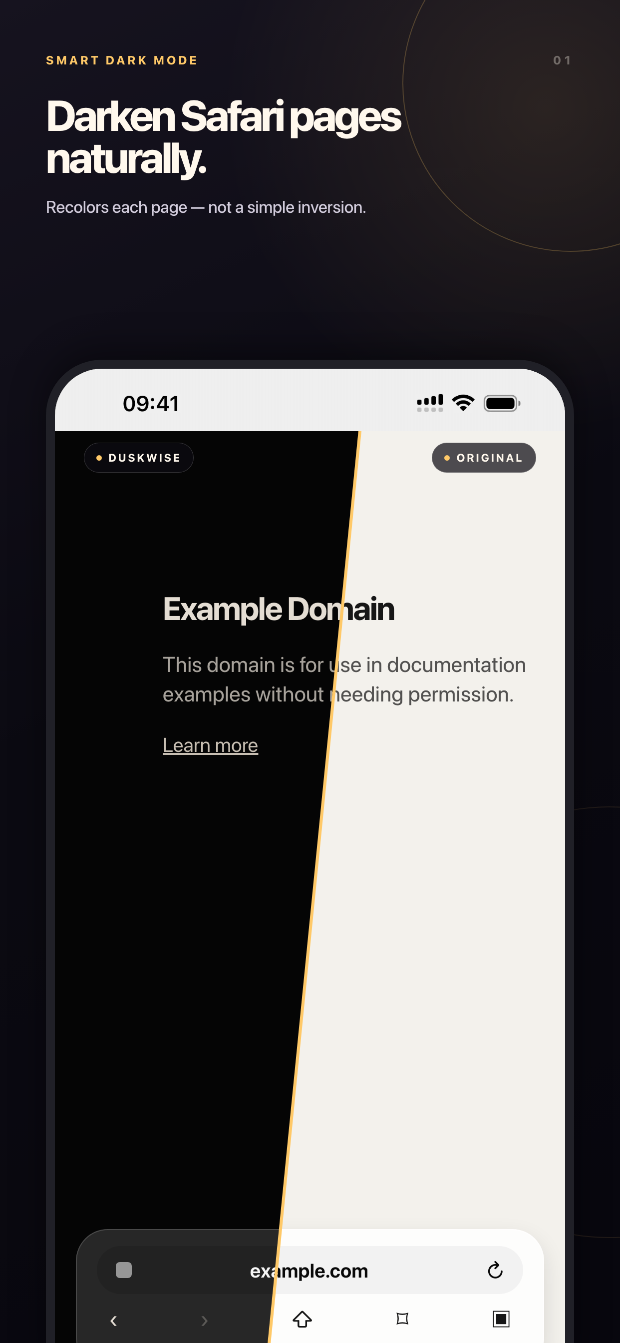 Duskwise iPhone screenshot showing a Safari page before and after natural dark mode