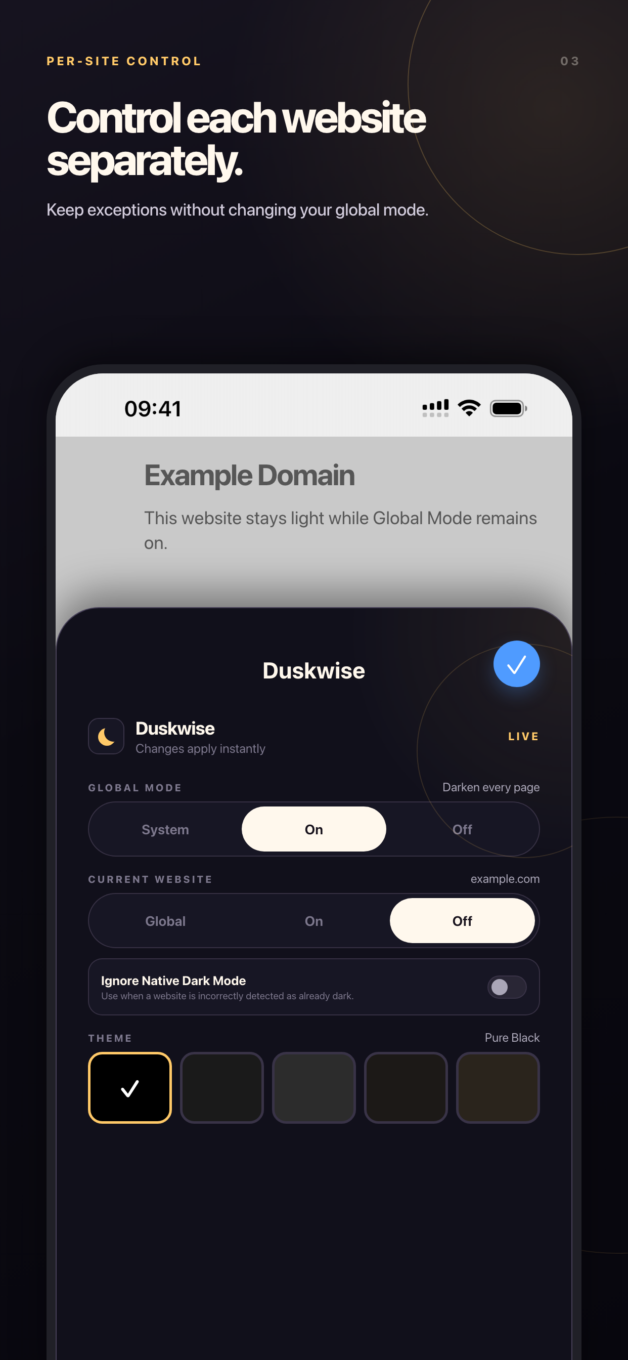 Duskwise iPhone screenshot showing a website-specific Safari rule